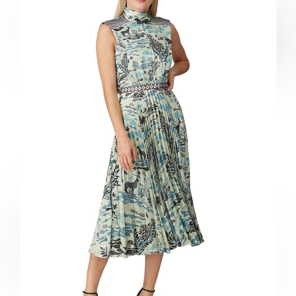 Saloni Fleure Graphic Print mint Green Blue Accordion pleat Dress